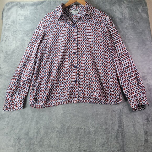 Joan Leslie Petite Womens Button Up Shirt 16P Red Blue Geometric Print Top - Picture 1 of 10
